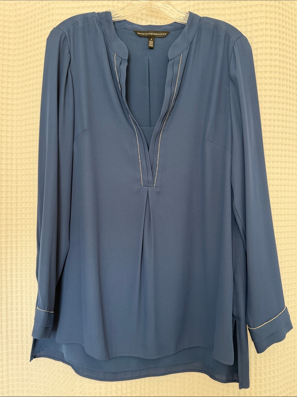 White House Black Market Blue Long-Sleeve Split-Neck Blouse